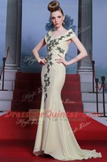 Brush Train Mermaid Prom Dress Light Yellow V-neck Chiffon Cap Sleeves With Train Side Zipper