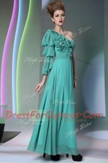 Traditional One Shoulder Long Sleeves Chiffon Floor Length Zipper Prom Evening Gown in Turquoise with Ruffles and Ruching