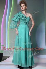 Traditional One Shoulder Long Sleeves Chiffon Floor Length Zipper Prom Evening Gown in Turquoise with Ruffles and Ruching