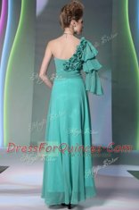 Traditional One Shoulder Long Sleeves Chiffon Floor Length Zipper Prom Evening Gown in Turquoise with Ruffles and Ruching