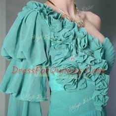 Traditional One Shoulder Long Sleeves Chiffon Floor Length Zipper Prom Evening Gown in Turquoise with Ruffles and Ruching