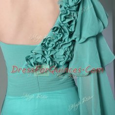 Traditional One Shoulder Long Sleeves Chiffon Floor Length Zipper Prom Evening Gown in Turquoise with Ruffles and Ruching