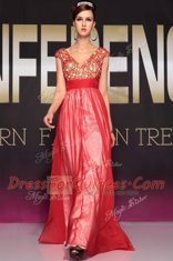 Spectacular Red Organza Side Zipper V-neck Short Sleeves Floor Length Prom Party Dress Appliques and Belt