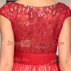 Spectacular Red Organza Side Zipper V-neck Short Sleeves Floor Length Prom Party Dress Appliques and Belt