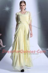 High Quality Scoop Light Yellow Zipper Dress for Prom Lace and Ruffles Short Sleeves Floor Length