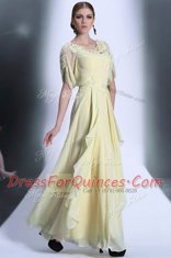 High Quality Scoop Light Yellow Zipper Dress for Prom Lace and Ruffles Short Sleeves Floor Length