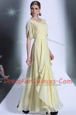 High Quality Scoop Light Yellow Zipper Dress for Prom Lace and Ruffles Short Sleeves Floor Length