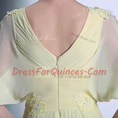 High Quality Scoop Light Yellow Zipper Dress for Prom Lace and Ruffles Short Sleeves Floor Length