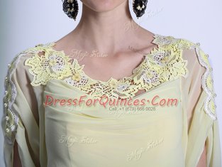 High Quality Scoop Light Yellow Zipper Dress for Prom Lace and Ruffles Short Sleeves Floor Length