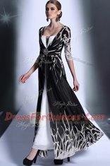 Half Sleeves Chiffon Ankle Length Zipper Homecoming Dress in Black with Pattern