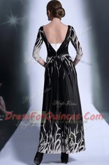 Half Sleeves Chiffon Ankle Length Zipper Homecoming Dress in Black with Pattern