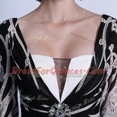 Half Sleeves Chiffon Ankle Length Zipper Homecoming Dress in Black with Pattern