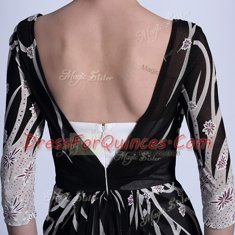 Half Sleeves Chiffon Ankle Length Zipper Homecoming Dress in Black with Pattern