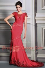 Scoop Short Sleeves Court Train Clasp Handle Prom Evening Gown Red Satin