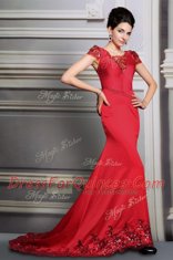 Scoop Short Sleeves Court Train Clasp Handle Prom Evening Gown Red Satin