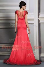Scoop Short Sleeves Court Train Clasp Handle Prom Evening Gown Red Satin