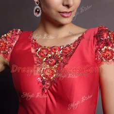 Scoop Short Sleeves Court Train Clasp Handle Prom Evening Gown Red Satin