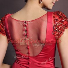 Scoop Short Sleeves Court Train Clasp Handle Prom Evening Gown Red Satin