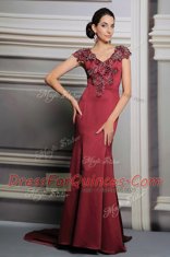 Sexy Short Sleeves Appliques Side Zipper Prom Gown with Burgundy Court Train