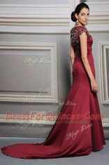 Sexy Short Sleeves Appliques Side Zipper Prom Gown with Burgundy Court Train