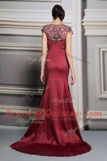 Sexy Short Sleeves Appliques Side Zipper Prom Gown with Burgundy Court Train