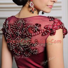 Sexy Short Sleeves Appliques Side Zipper Prom Gown with Burgundy Court Train