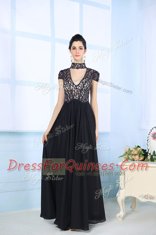 Gorgeous Floor Length Black Evening Dress Chiffon Short Sleeves Beading and Lace