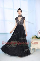 Gorgeous Floor Length Black Evening Dress Chiffon Short Sleeves Beading and Lace