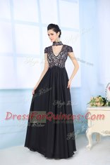 Gorgeous Floor Length Black Evening Dress Chiffon Short Sleeves Beading and Lace