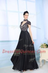 Gorgeous Floor Length Black Evening Dress Chiffon Short Sleeves Beading and Lace