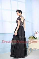 Gorgeous Floor Length Black Evening Dress Chiffon Short Sleeves Beading and Lace