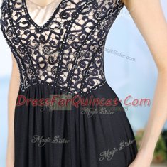 Gorgeous Floor Length Black Evening Dress Chiffon Short Sleeves Beading and Lace