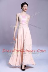 Stunning Square Sleeveless Criss Cross Prom Gown Peach Satin