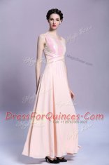 Stunning Square Sleeveless Criss Cross Prom Gown Peach Satin
