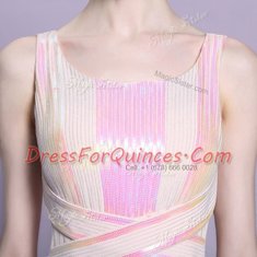 Stunning Square Sleeveless Criss Cross Prom Gown Peach Satin
