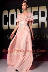 Scoop Floor Length Side Zipper Prom Gown Pink for Prom and Party with Ruffles and Belt