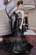 Black Column/Sheath Asymmetric 3 4 Length Sleeve Chiffon Floor Length Side Zipper Beading and Appliques and Hand Made Flower Homecoming Dress