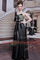 Black Column/Sheath Asymmetric 3 4 Length Sleeve Chiffon Floor Length Side Zipper Beading and Appliques and Hand Made Flower Homecoming Dress