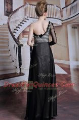 Black Column/Sheath Asymmetric 3 4 Length Sleeve Chiffon Floor Length Side Zipper Beading and Appliques and Hand Made Flower Homecoming Dress