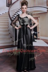 Black Column/Sheath Asymmetric 3 4 Length Sleeve Chiffon Floor Length Side Zipper Beading and Appliques and Hand Made Flower Homecoming Dress