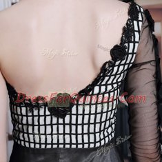 Black Column/Sheath Asymmetric 3 4 Length Sleeve Chiffon Floor Length Side Zipper Beading and Appliques and Hand Made Flower Homecoming Dress