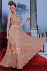 Scoop Peach Clasp Handle Prom Gown Beading and Sequins and Ruching Sleeveless Floor Length