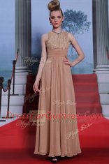 Scoop Peach Clasp Handle Prom Gown Beading and Sequins and Ruching Sleeveless Floor Length