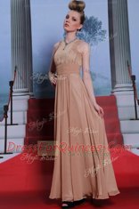 Scoop Peach Clasp Handle Prom Gown Beading and Sequins and Ruching Sleeveless Floor Length