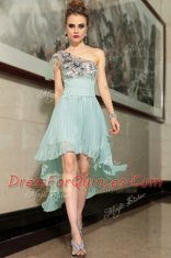 Popular One Shoulder Sleeveless High Low Pleated Side Zipper Prom Party Dress with Light Blue
