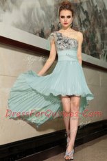 Popular One Shoulder Sleeveless High Low Pleated Side Zipper Prom Party Dress with Light Blue