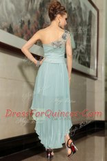 Popular One Shoulder Sleeveless High Low Pleated Side Zipper Prom Party Dress with Light Blue