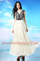 Cap Sleeves Chiffon Ankle Length Side Zipper Evening Dress in White And Black with Appliques and Bowknot