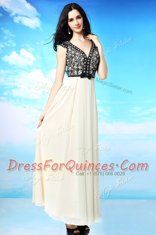 Cap Sleeves Chiffon Ankle Length Side Zipper Evening Dress in White And Black with Appliques and Bowknot