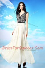 Cap Sleeves Chiffon Ankle Length Side Zipper Evening Dress in White And Black with Appliques and Bowknot